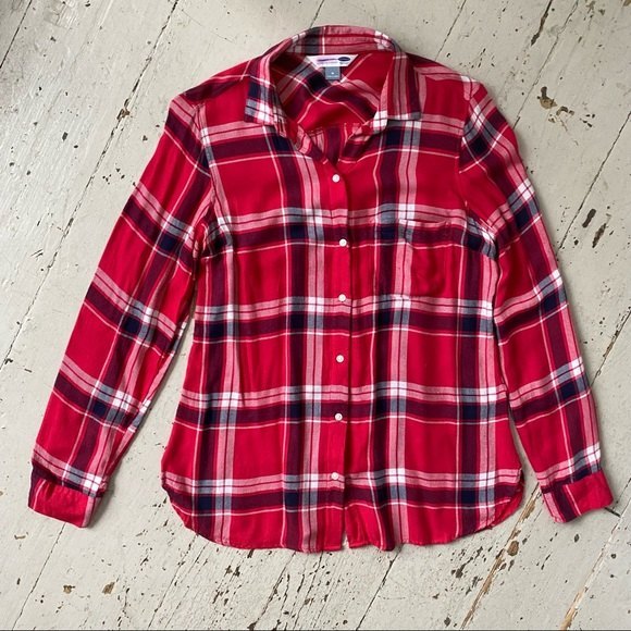 Old Navy Button Down Tunic Red Flannel Shacket Shirt - Picture 3 of 8